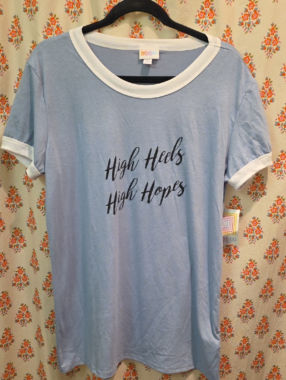 LuLaRoe Light Blue Tee with White Trim - 'High Heels High Hopes'